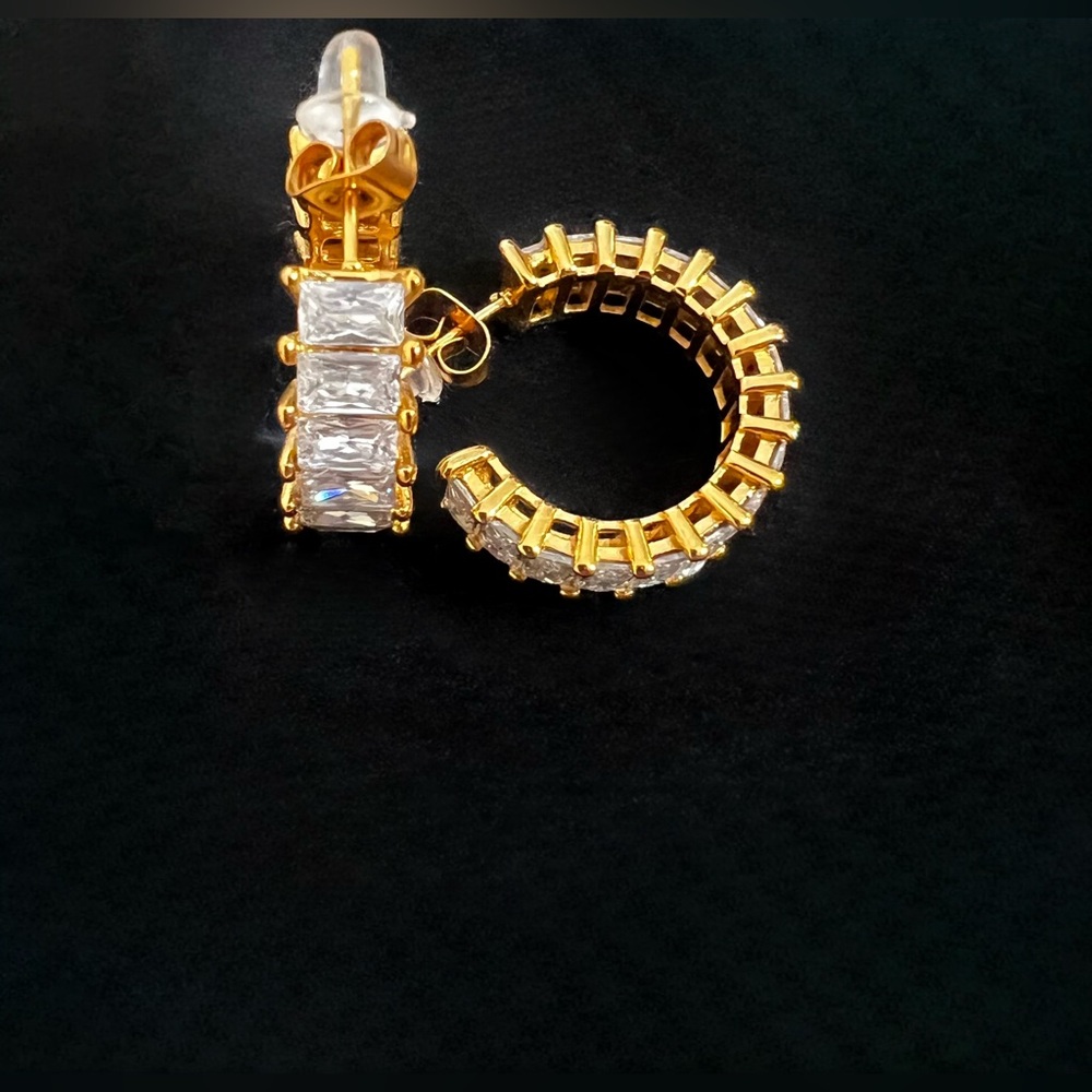 New 18K PVD Gold Plated Geometric Hoop Earrings with AAA Cubic Zirconia - Picture 5 of 7